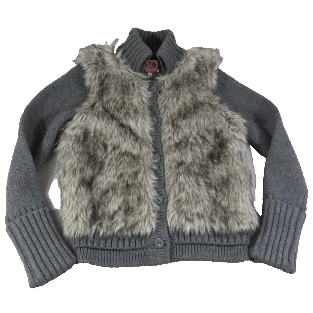 Juicy Couture Faux Fur Front Wool Knit Cardigan Sweater Jacket Gray Women Size M